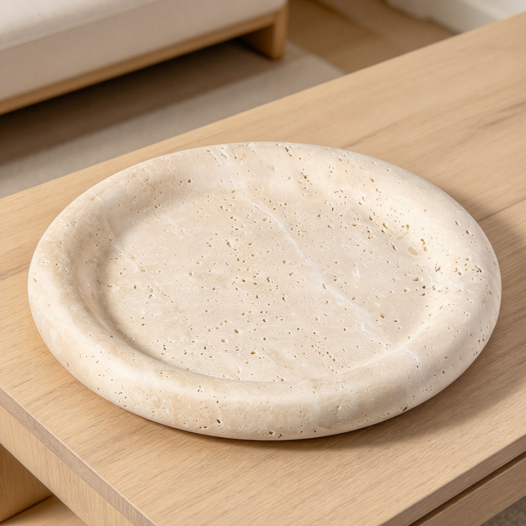 8-Inch Round Italian Travertine Vanity Tray