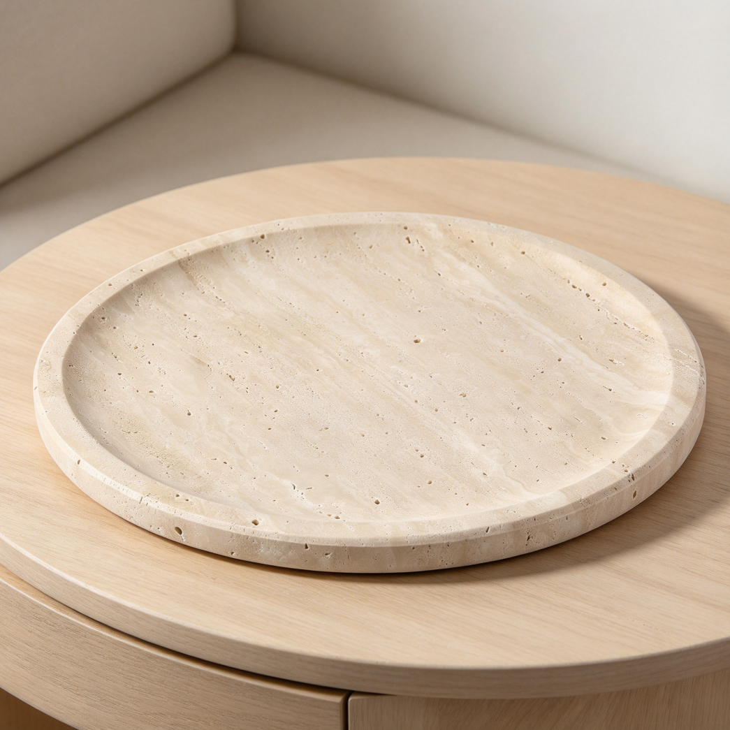 11.8-Inch Round Travertine Marble Serving Tray